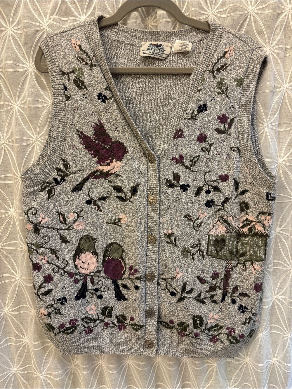 Vintage Northern Reflections Parkhurst Gray Knit Bird & Floral Button Front Vest